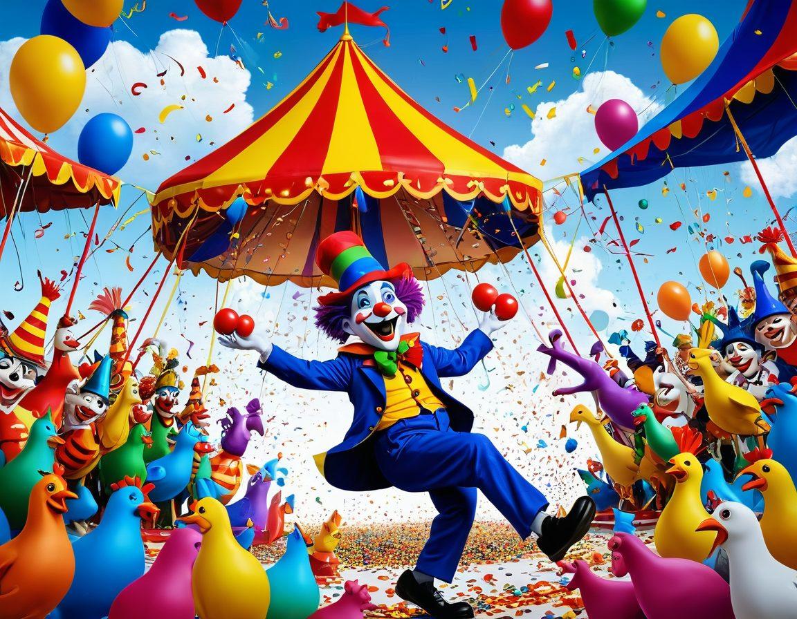 A whimsical scene featuring a colorful jester juggling various comedic props like rubber chickens and whoopee cushions, surrounded by laughing cartoon characters. In the background, a vibrant circus tent exudes an atmosphere of joy and laughter, while confetti rains down from above. Bright and playful colors dominate the scene to evoke a sense of humor and fun. cartoon style. vibrant colors. white background.